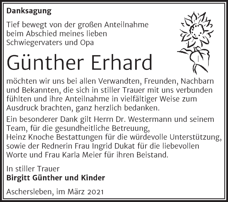  Traueranzeige für Günther Erhard vom 13.03.2021 aus Mitteldeutsche Zeitung Aschersleben