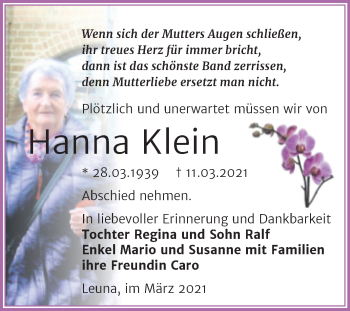 Traueranzeige von Hanna Klein von Mitteldeutsche Zeitung Merseburg/Querfurt