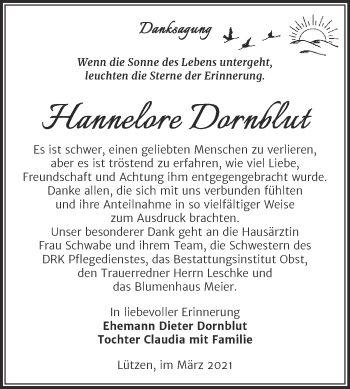 Traueranzeige von Hannelore Dornblut von Mitteldeutsche Zeitung Weißenfels
