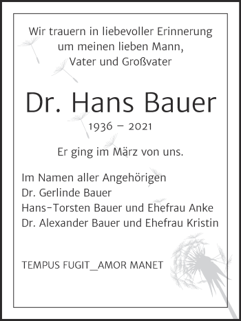 Traueranzeige von Hans Bauer von Mitteldeutsche Zeitung Zeitz