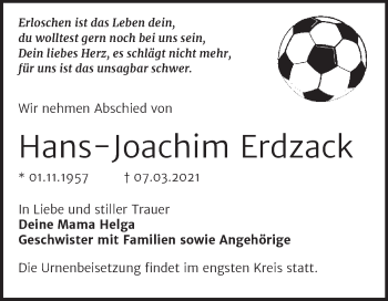 Traueranzeige von Hans-Joachim Erdzack von Mitteldeutsche Zeitung Bitterfeld