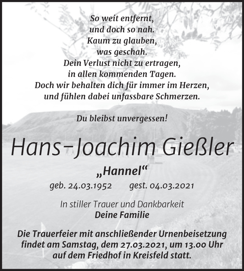  Traueranzeige für Hans-Joachim Gießler vom 20.03.2021 aus Mitteldeutsche Zeitung Mansfelder Land