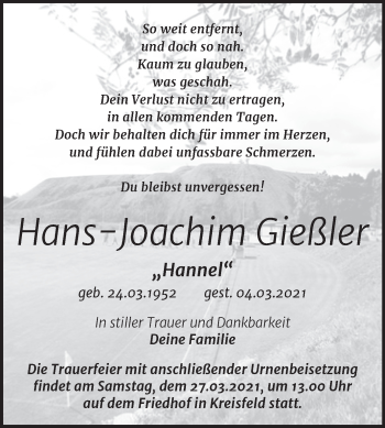 Traueranzeige von Hans-Joachim Gießler von Mitteldeutsche Zeitung Mansfelder Land