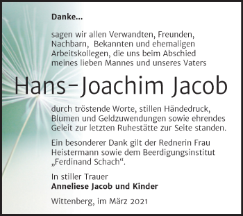 Traueranzeige von Hans-Joachim Jacob von Mitteldeutsche Zeitung Wittenberg