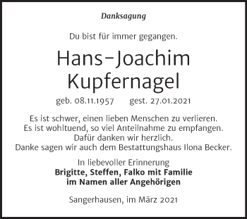 Traueranzeige von Hans-Joachim Kupfernagel von Mitteldeutsche Zeitung Sangerhausen