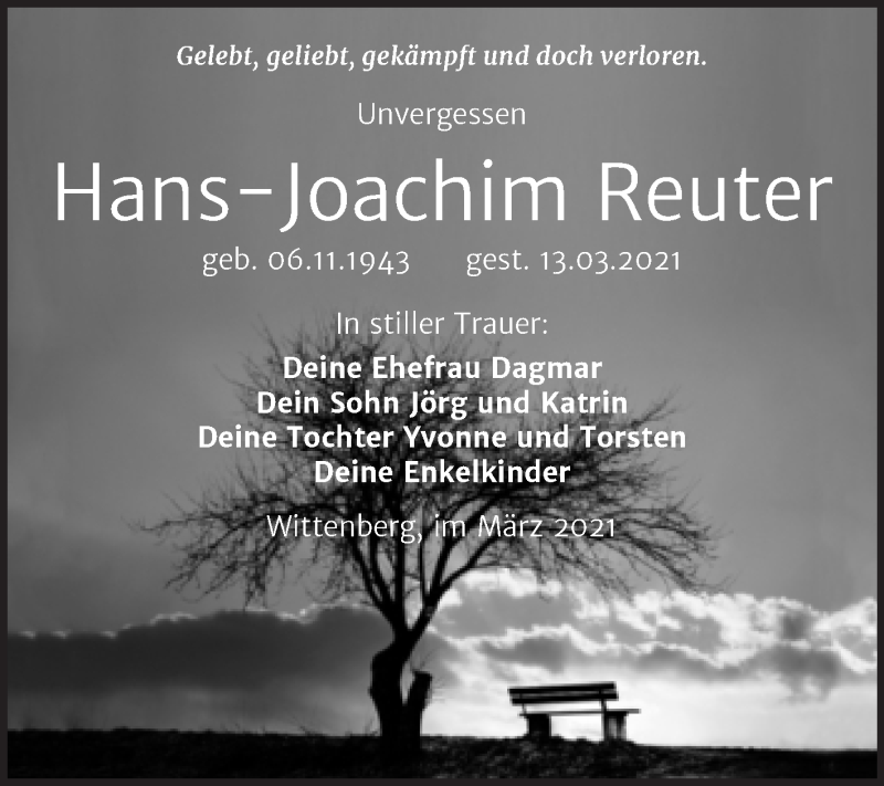  Traueranzeige für Hans-Joachim Reuter vom 20.03.2021 aus Mitteldeutsche Zeitung Wittenberg