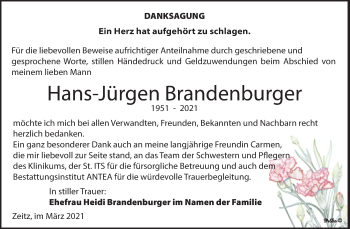 Traueranzeige von Hans-Jürgen Brandenburger von Mitteldeutsche Zeitung Zeitz