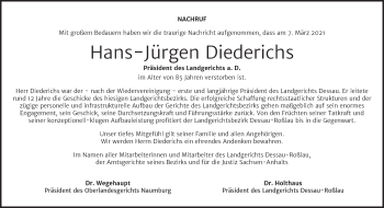 Traueranzeige von Hans-Jürgen Diederichs von Mitteldeutsche Zeitung Dessau-Roßlau