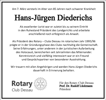 Traueranzeige von Hans-Jürgen Diederichs von Mitteldeutsche Zeitung Dessau-Roßlau