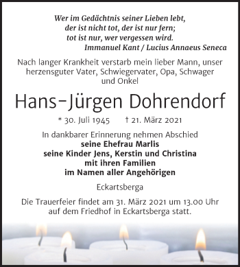 Traueranzeige von Hans-Jürgen Dohrendorf von Mitteldeutsche Zeitung Naumburg/Nebra