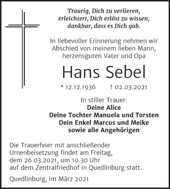 Traueranzeige von Hans Sebel von Mitteldeutsche Zeitung Quedlingburg