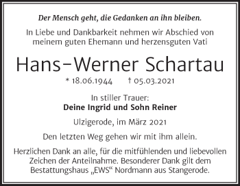 Traueranzeige von Hans-Werner Schartau von Mitteldeutsche Zeitung Mansfelder Land