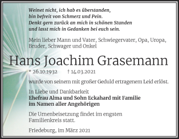 Traueranzeige von Hans Joachim Grasemann von Mitteldeutsche Zeitung Mansfelder Land