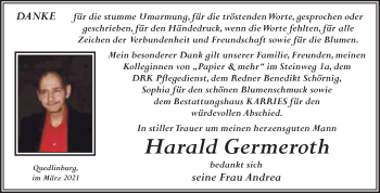 Traueranzeige von Harald Germeroth von Mitteldeutsche Zeitung Quedlingburg