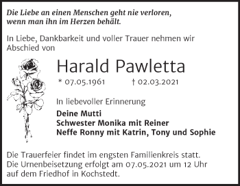 Traueranzeige von Harald Pawletta von Mitteldeutsche Zeitung Dessau-Roßlau