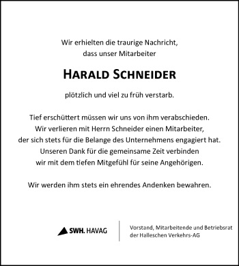 Traueranzeige von Harald Schneider von Mitteldeutsche Zeitung Halle/Saalkreis