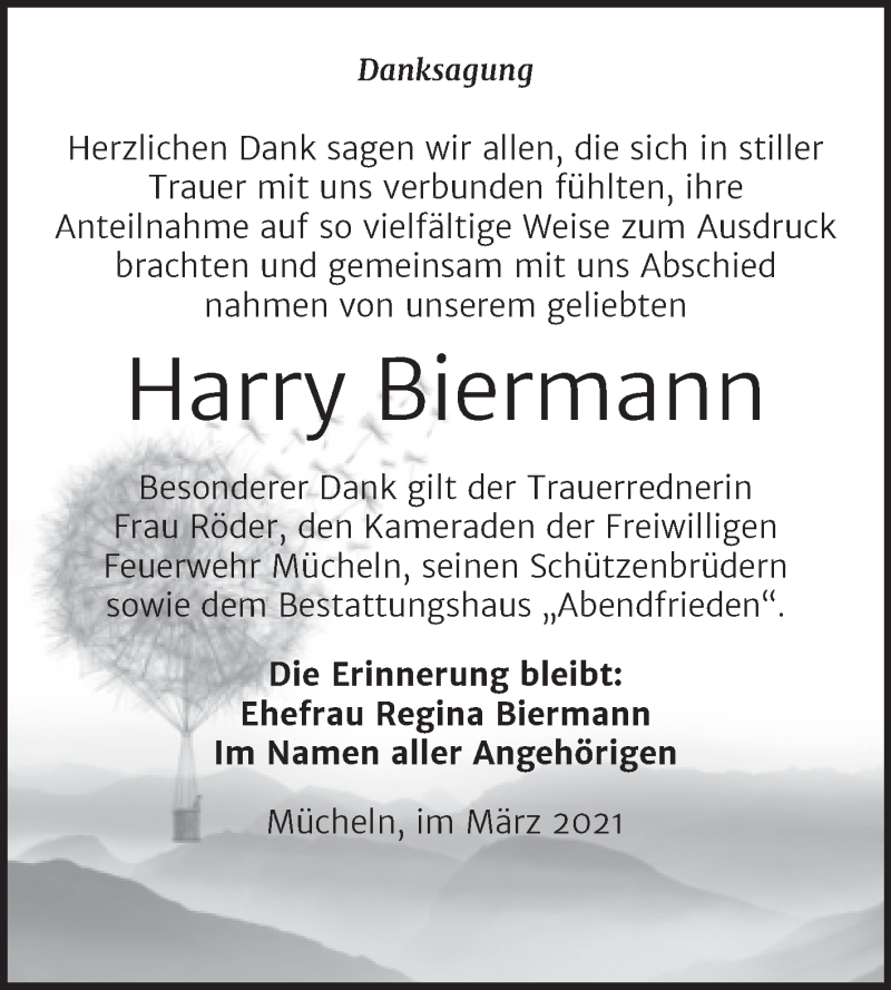  Traueranzeige für Harry Biermann vom 13.03.2021 aus Mitteldeutsche Zeitung Merseburg/Querfurt