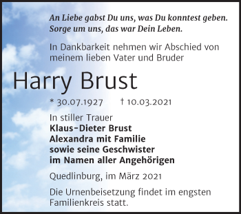 Traueranzeige von Harry Brust von Mitteldeutsche Zeitung Quedlingburg