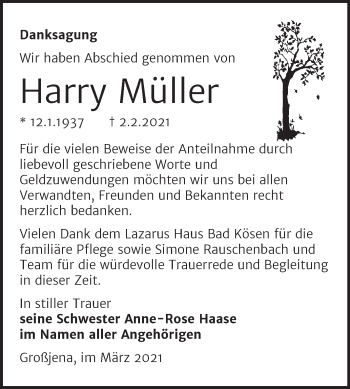 Traueranzeige von Harry Müller von Mitteldeutsche Zeitung Naumburg/Nebra