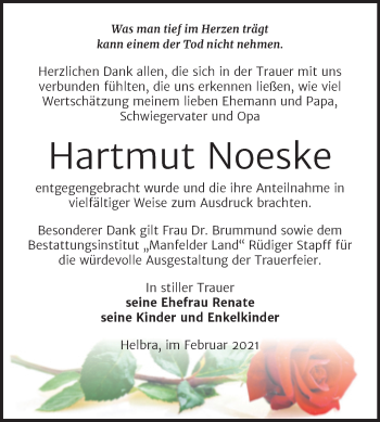 Traueranzeige von Hartmut Noeske von Mitteldeutsche Zeitung Mansfelder Land