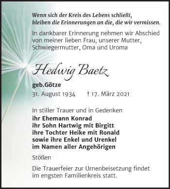 Traueranzeige von Hedwig Baetz von Mitteldeutsche Zeitung Naumburg/Nebra