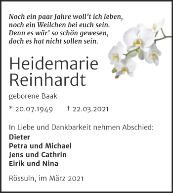 Traueranzeige von Heidemarie Reinhardt von Mitteldeutsche Zeitung Weißenfels