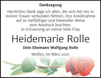 Traueranzeige von Heidemarie Rolle von Mitteldeutsche Zeitung Bitterfeld