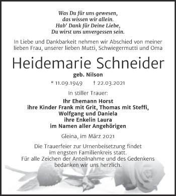 Traueranzeige von Heidemarie Schneider von Mitteldeutsche Zeitung Naumburg/Nebra