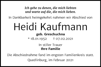 Traueranzeige von Heidi Kaufmann von Super Sonntag Quedlingburg