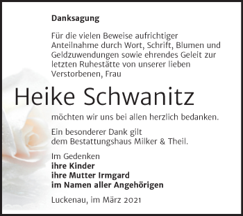 Traueranzeige von Heike Schwanitz von Mitteldeutsche Zeitung Zeitz