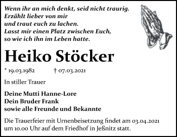 Traueranzeige von Heiko Stöcker von Mitteldeutsche Zeitung Bitterfeld