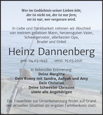 Traueranzeige von Heinz Dannenberg von Mitteldeutsche Zeitung Weißenfels