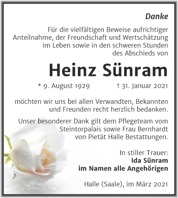 Traueranzeige von Heinz Sünram von Mitteldeutsche Zeitung Halle/Saalkreis
