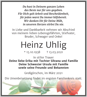 Traueranzeige von Heinz Uhlig von Mitteldeutsche Zeitung Weißenfels