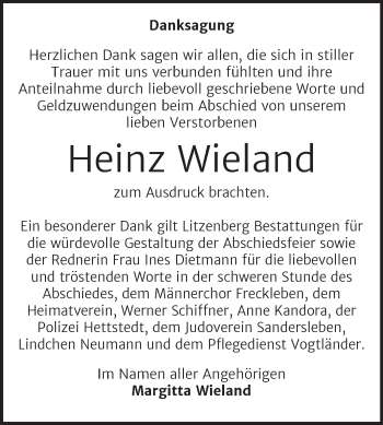 Traueranzeige von Heinz Wieland von Mitteldeutsche Zeitung Aschersleben