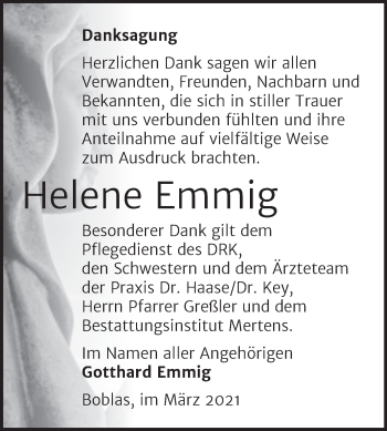 Traueranzeige von Helene Emmig von Mitteldeutsche Zeitung Naumburg/Nebra