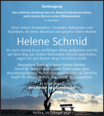 Traueranzeige von Helene Schmid von Mitteldeutsche Zeitung Mansfelder Land