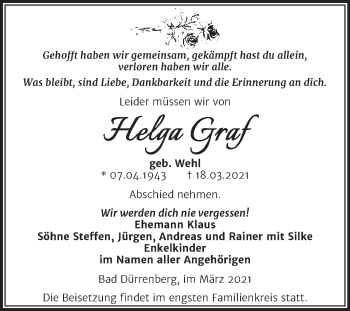 Traueranzeige von Helga Graf von Mitteldeutsche Zeitung Merseburg/Querfurt