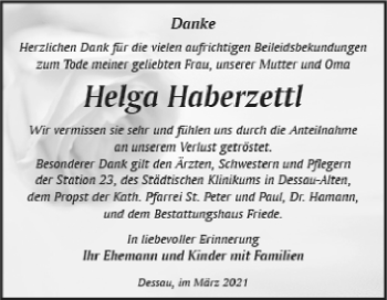 Traueranzeige von Helga Haberzettl von Mitteldeutsche Zeitung Dessau-Roßlau