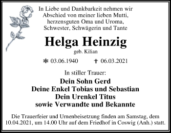 Traueranzeige von Helga Heinzig von Mitteldeutsche Zeitung Wittenberg