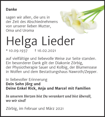 Traueranzeige von Helga Lieder von Mitteldeutsche Zeitung Bitterfeld