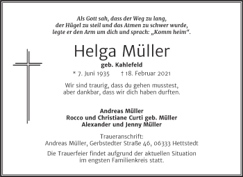 Traueranzeige von Helga Müller von Mitteldeutsche Zeitung Mansfelder Land