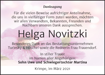 Traueranzeige von Helga Novitzki von Mitteldeutsche Zeitung Halle/Saalkreis