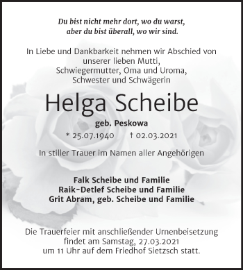 Traueranzeige von Helga Scheibe von Mitteldeutsche Zeitung Halle/Saalkreis