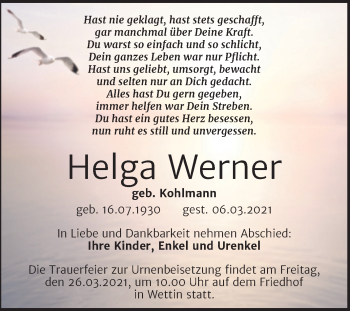 Traueranzeige von Helga Werner von Mitteldeutsche Zeitung Halle/Saalkreis