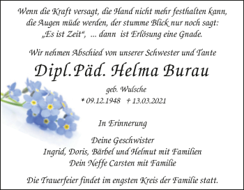 Traueranzeige von Helma Burau von Mitteldeutsche Zeitung Dessau-Roßlau