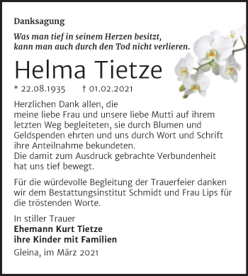 Traueranzeige von Helma Tietze von Super Sonntag Naumburg/Nebra
