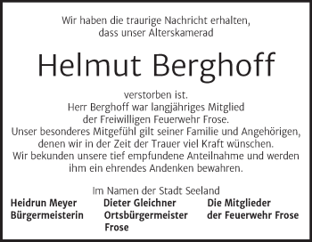 Traueranzeige von Helmut Berghoff von Super Sonntag Aschersleben