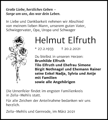 Traueranzeige von Helmut Elfruth von Mitteldeutsche Zeitung Quedlingburg