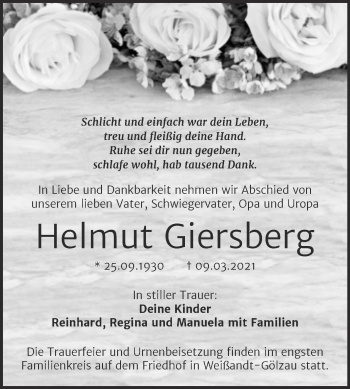 Traueranzeige von Helmut Giersberg von Mitteldeutsche Zeitung Köthen
